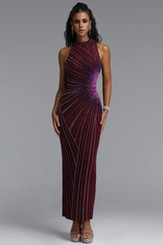 Yeil Halter High Neck Rhinestone Ruched Maxi Dress